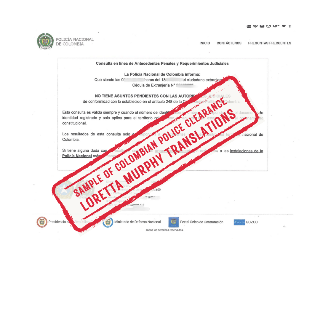 Colombian Police Clearance from Colombia for Certified Translation.