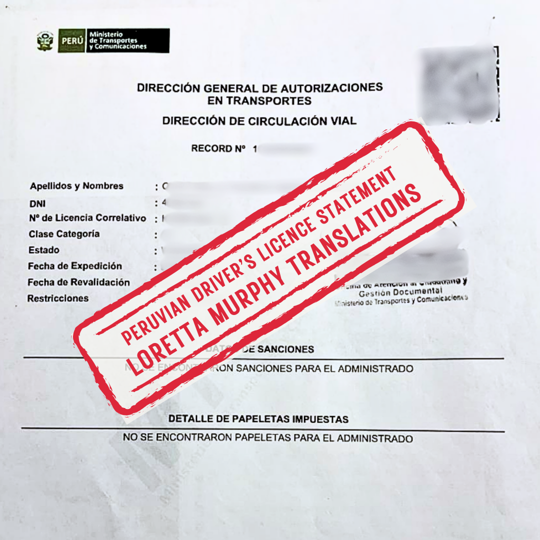 Peruvian Driver's Licence Statement from Peru for Certified Translation.