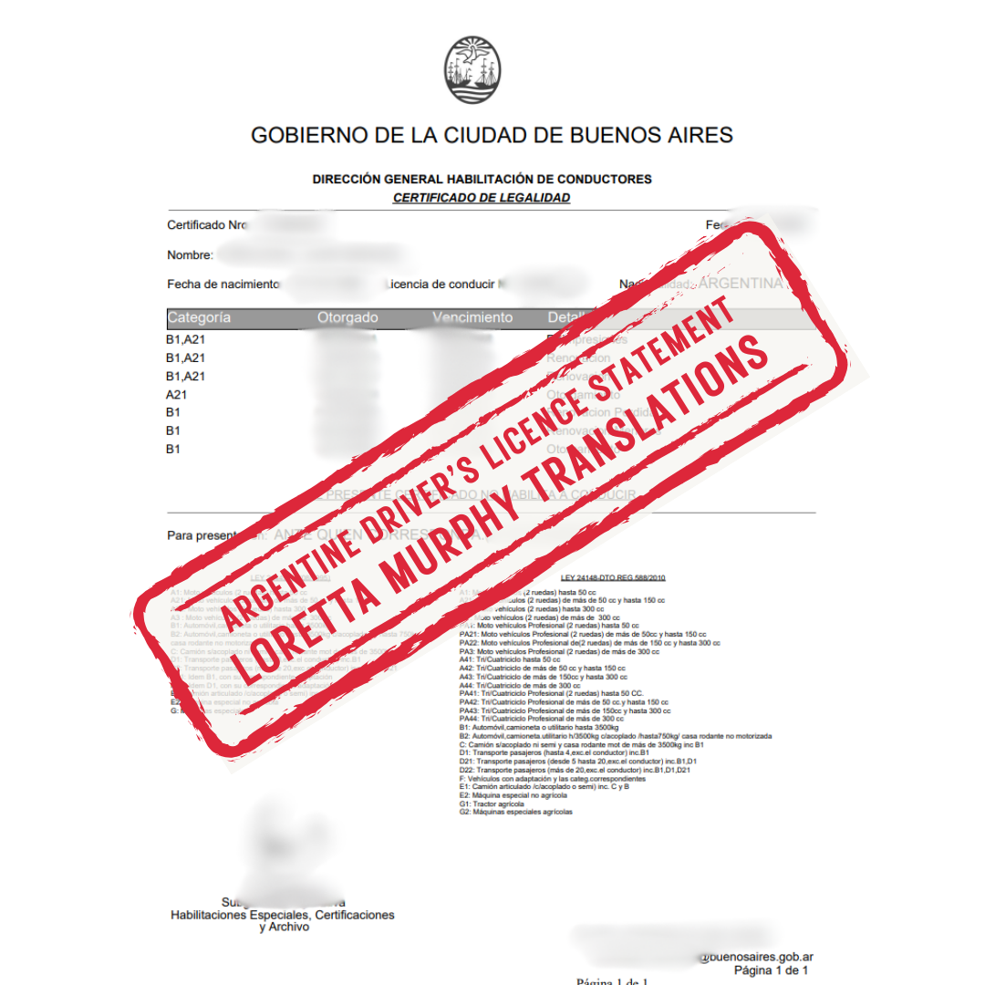 Argentine Driver's Licence Statement from Argentina