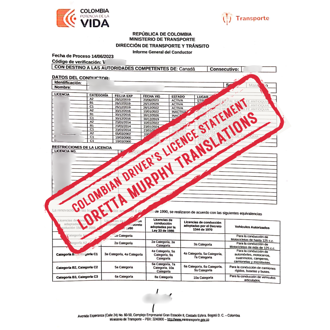 Colombian Driver's Licence Statement from Colombia for Certified Translation.