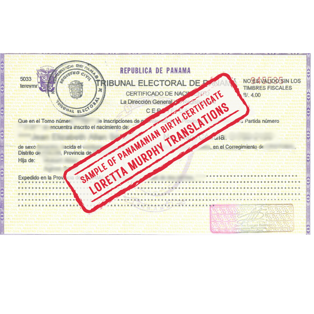 Panamanian Birth Certificate from Panama for Certified Translation.