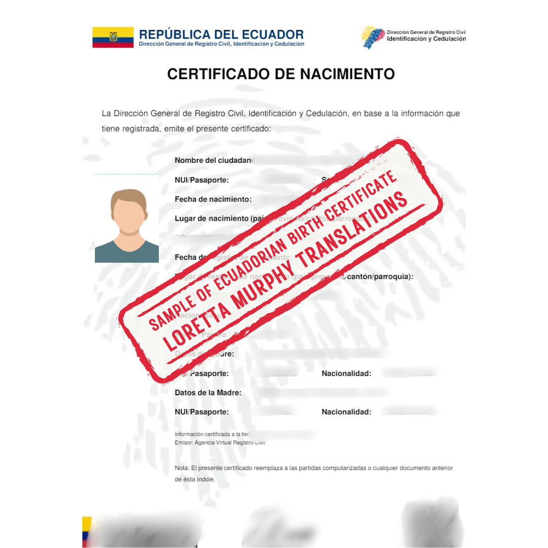 Ecuadorian Birth Certificate from Ecuador for Certified Translation.