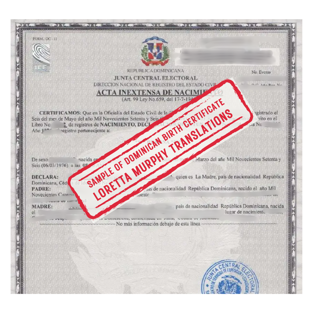 Dominican Birth Certificate FROM Dominican Republic for Certified Translation.