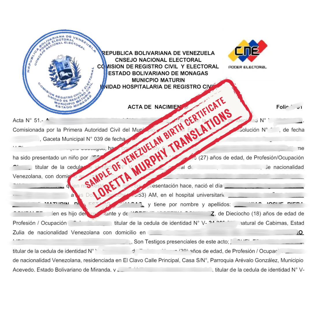 Venezuelan Birth Certificate from Venezuela for Certified Translation.