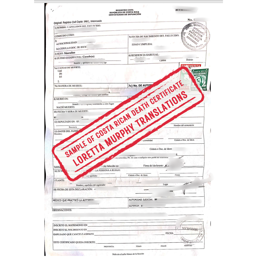 Costa Rican Death Certificate from Costa Rica for Certified Translation.