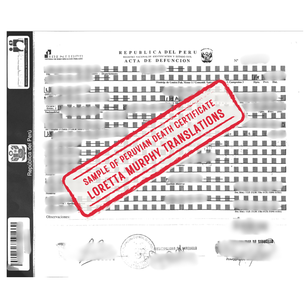 Peruvian Death Certificate from Peru for Certified Translation.