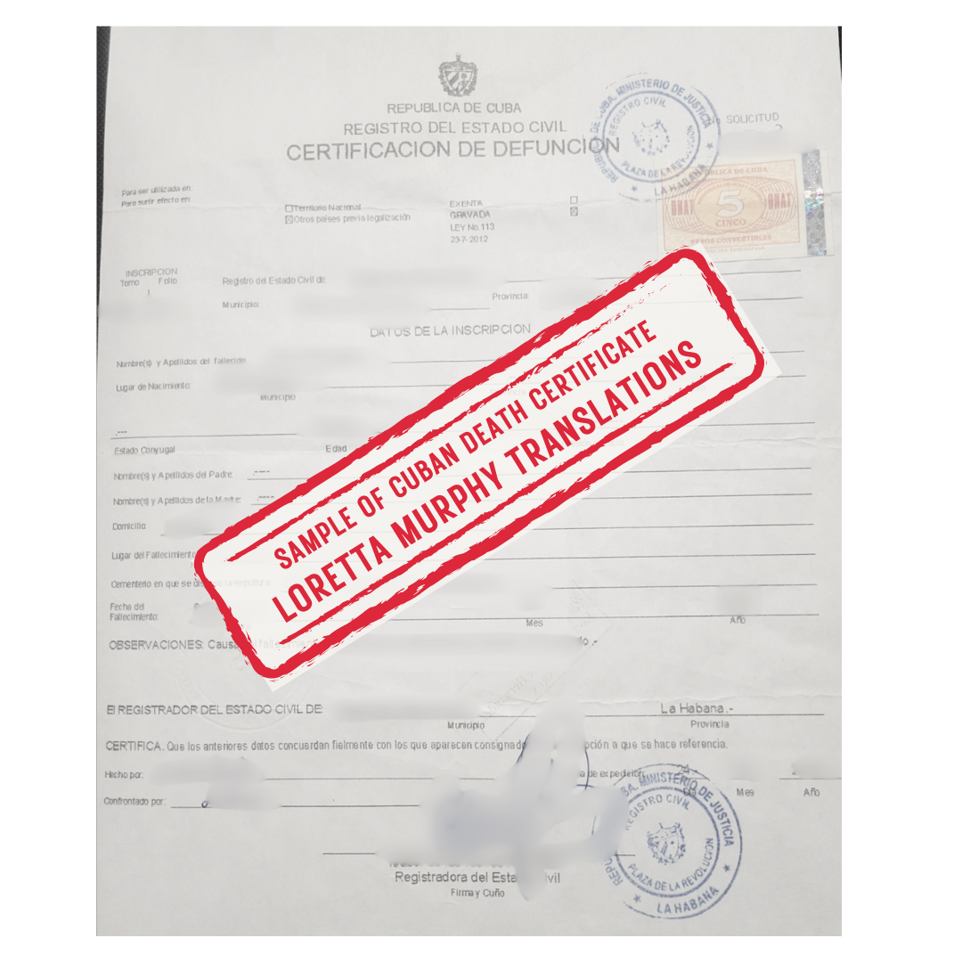 Cuban Death Certificate from Cuba for Certified Translation.