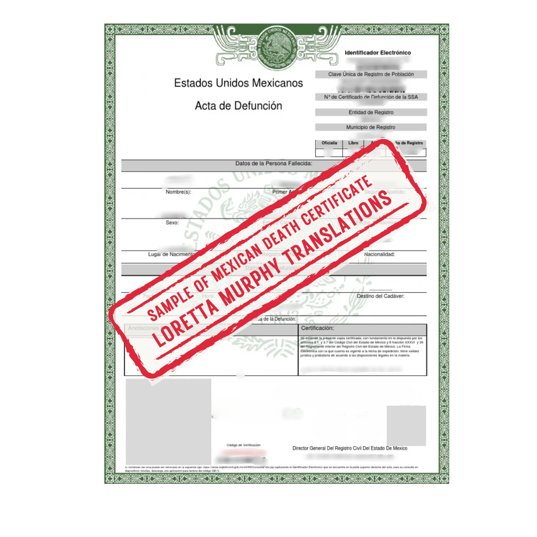 Mexican Death Certificate from Mexico for Certified Translation.
