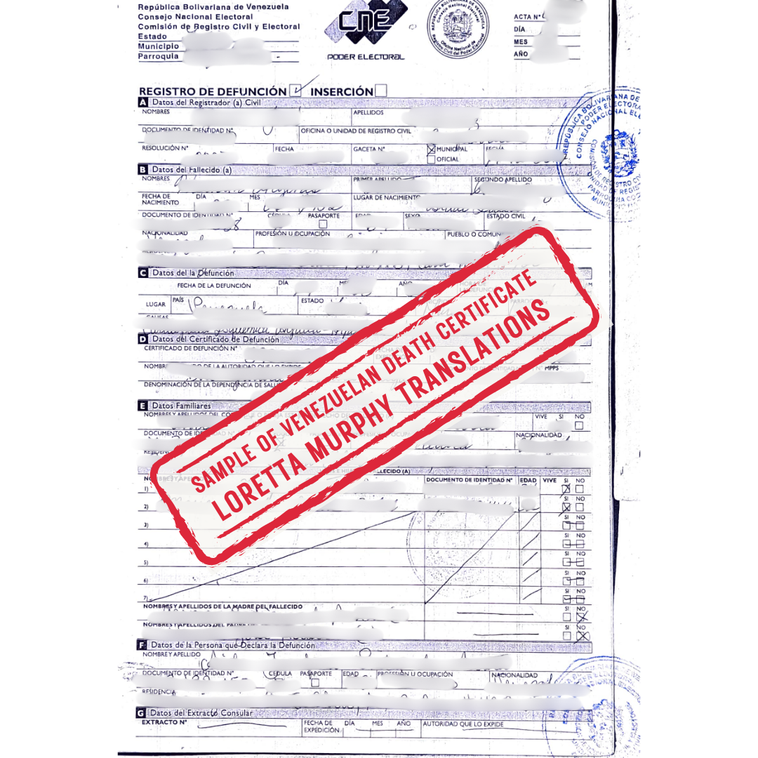Venezuelan Death Certificate from Venezuela for Certified Translation.