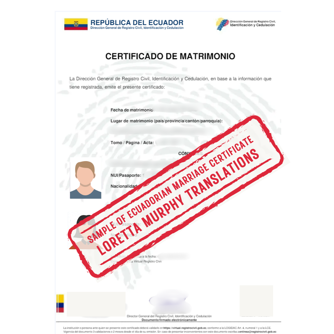 Ecuadorian Marriage Certificate frp, Ecuador for Certified Translation. ATIO, OTTIAQ, STIBC, ATIA, ATINS.