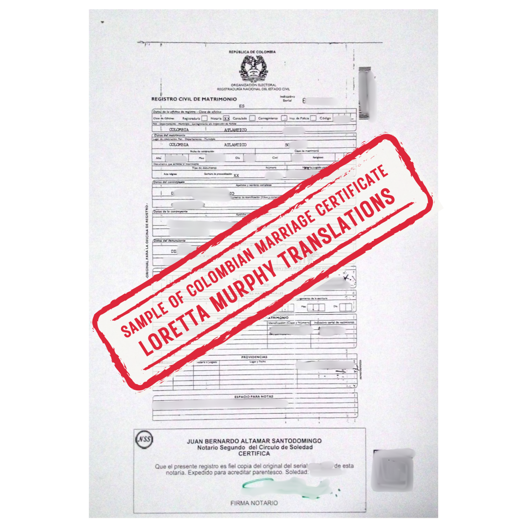 Colombian Marriage Certificate from Colombia for Certified Translation.