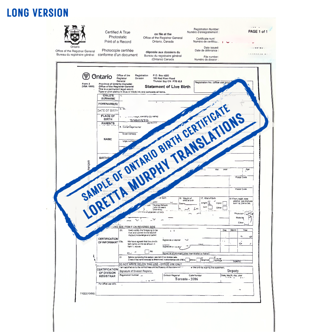 Ontario Birth Certificate (LONG VERSION) for Certified Translation.