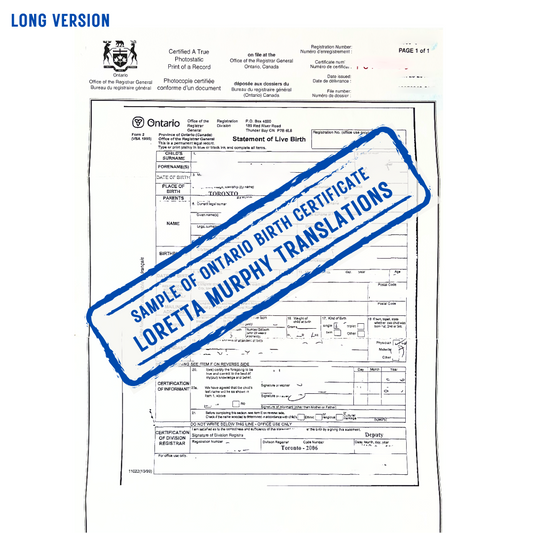 Ontario Birth Certificate (LONG VERSION)- Certified Translation