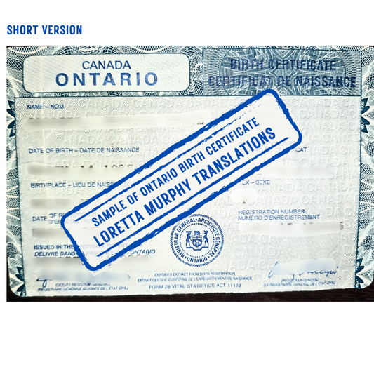 Ontario Birth Certificate (SHORT VERSION)- Certified Translation