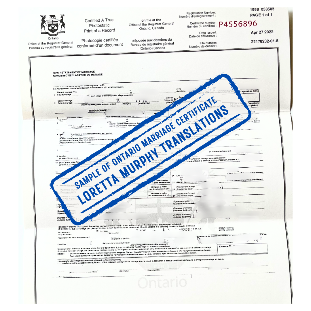 Ontario Marriage Certificate for Certified Translation.