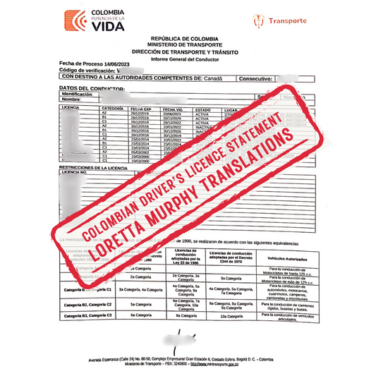 Colombian Driver's Licence Statement - Certified Translation