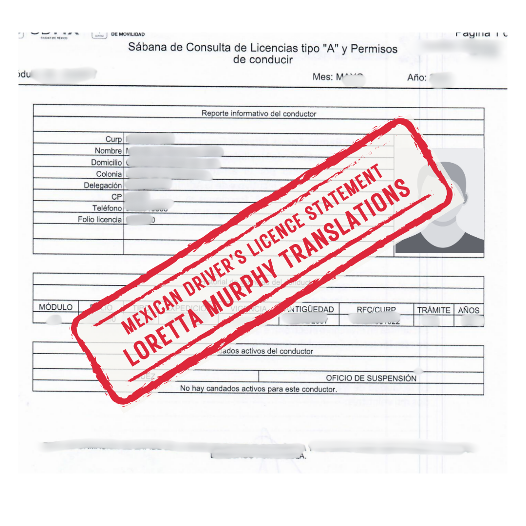 Mexican Driver's Licence Statement - 2 pages - Certified Translation