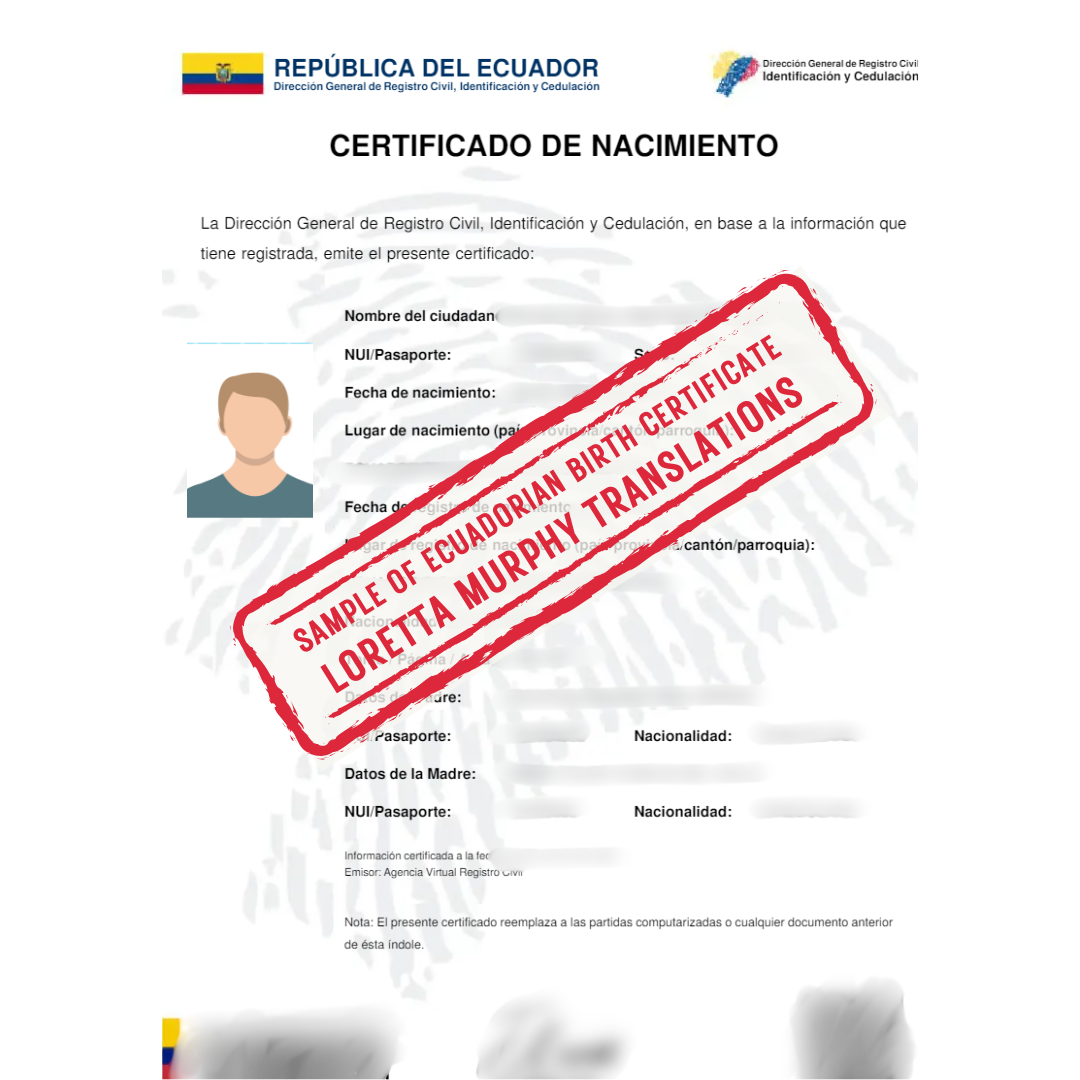 Ecuadorian Birth Certificate - 1 page - Certified Translation