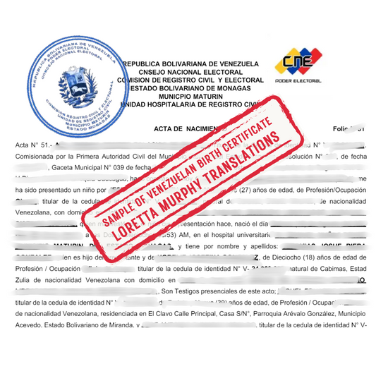 Venezuelan Birth Certificate from Venezuela for Certified Translation.