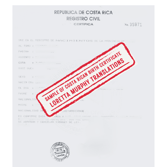 Costa Rican Birth Certificate - Certified Translation