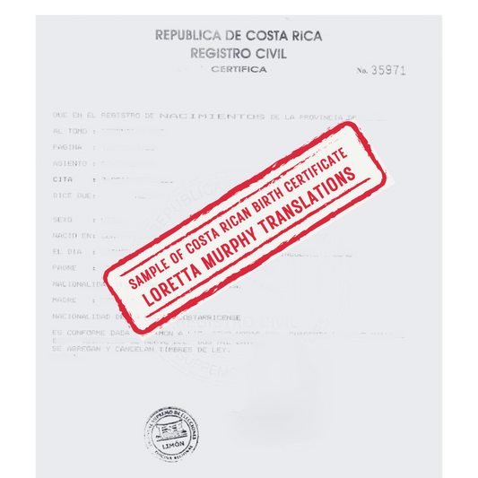 Costa Rican Birth Certificate from Costa Rica for Certified Translation.