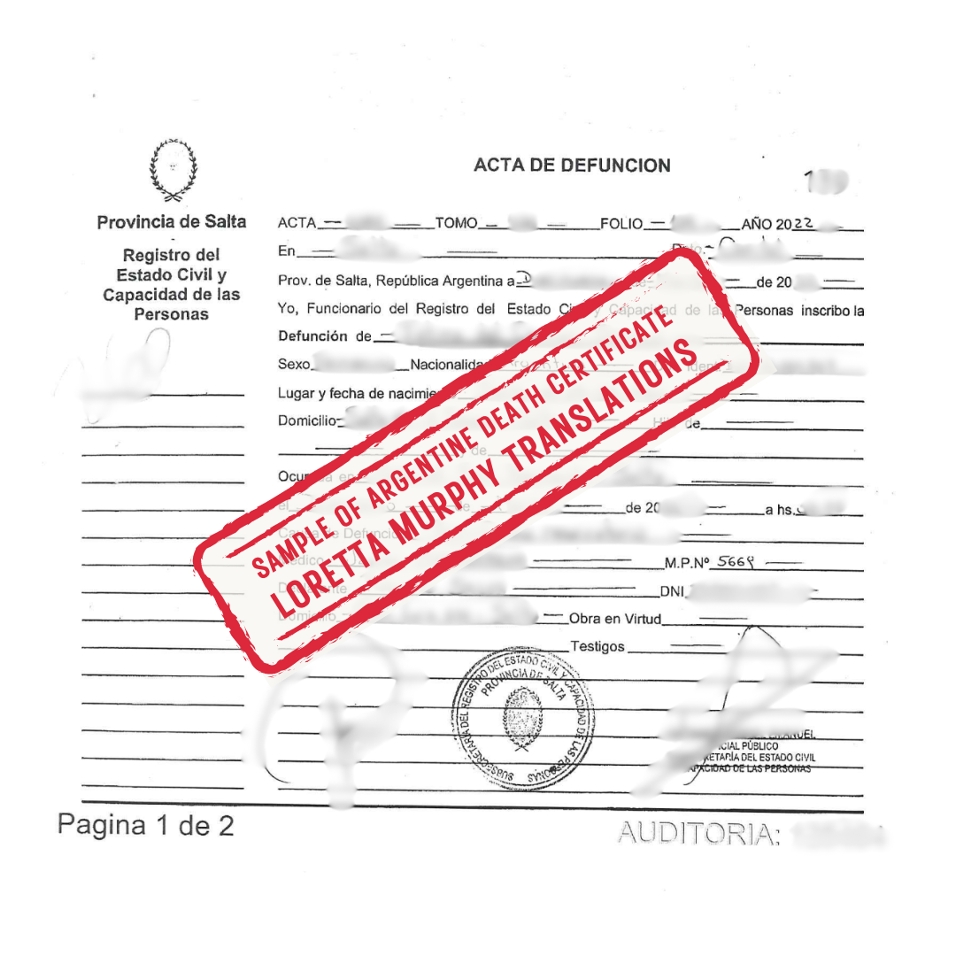 Argentine Death Certificate - 1 page only - Certified Translation