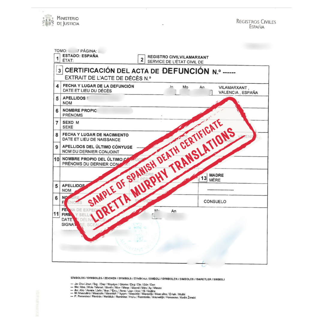 Spanish Death Certificate - 1 page - Certified Translation