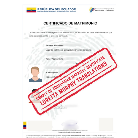 Ecuadorian Marriage Certificate - 1 page - Certified Translation