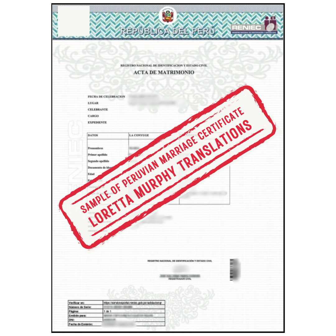 Peruvian Marriage Certificate from  Peru for Certified Translation.