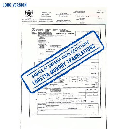 Ontario Birth Certificate (LONG VERSION) - 1 page - Certified Translation