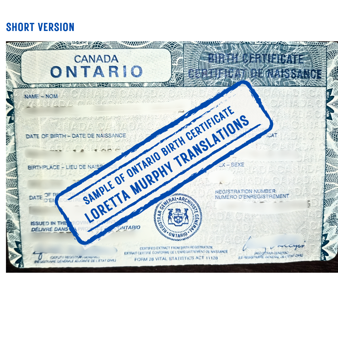 Ontario Birth Certificate (SHORT VERSION) for Certified Translation.