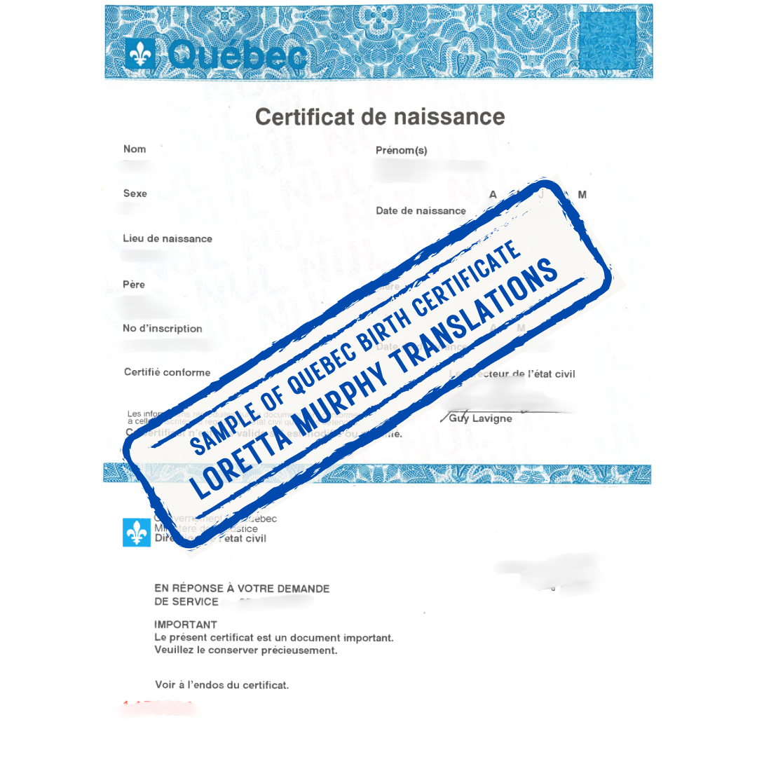 Quebec Birth Certificate Certified Translation Loretta Murphy