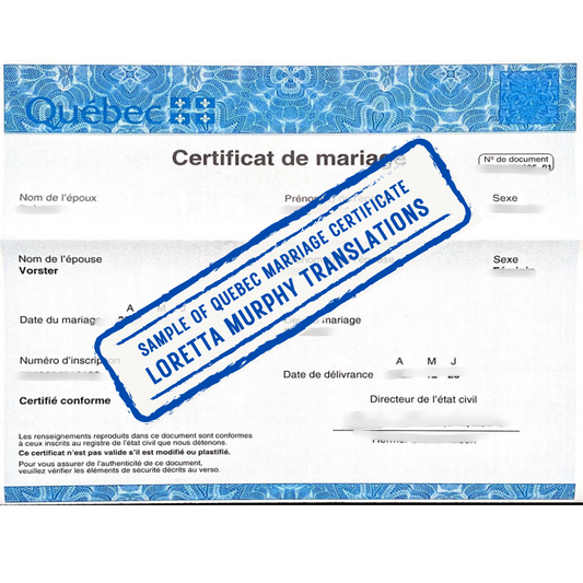 Quebec Marriage Certificate - 1 page - Certified Translation