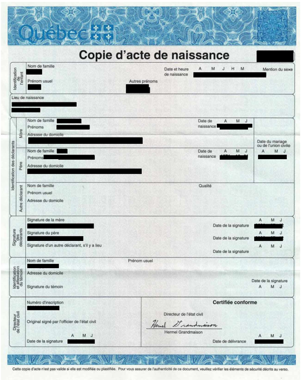 Quebec Birth Certificate - long form - 1 page - Certified Translation (Copie d'acte de naissance)