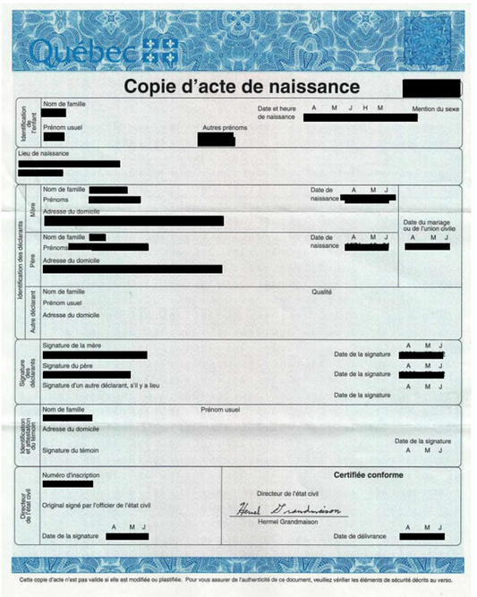 Quebec Birth Certificate - long form - 1 page - Certified Translation (Copie d'acte de naissance)